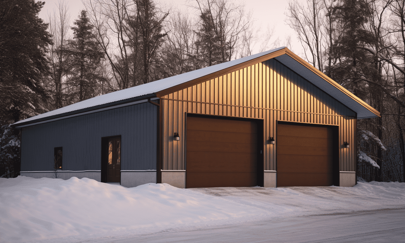 Elegant steel garage building with timeless charm and brown doors.