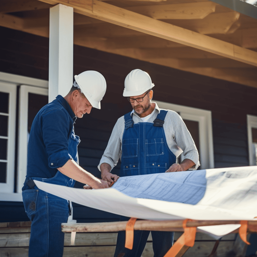 Two construction workers wearing safety gear at a working site