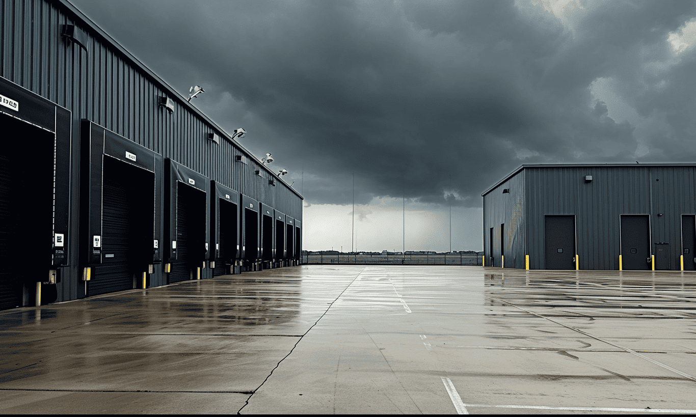 Dark storm clouds gather above a gloomy industrial warehouse, indicating a severe weather outbreak