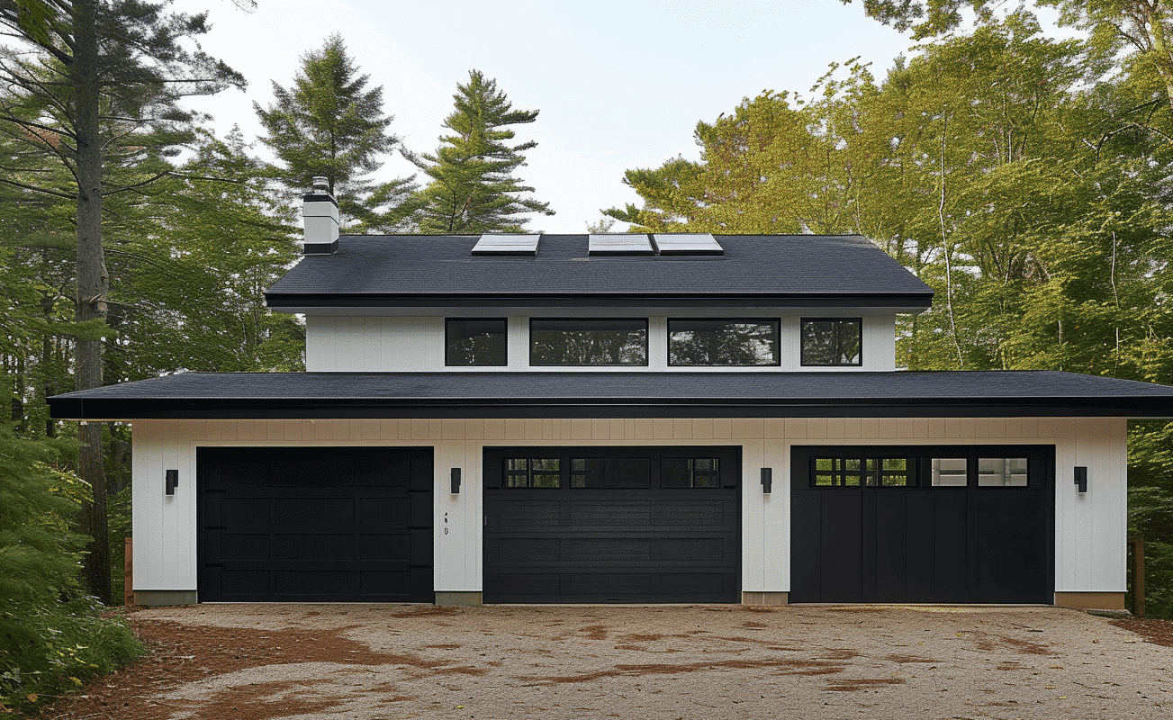 "Isolated house featuring a two-door garage amidst a forested area"