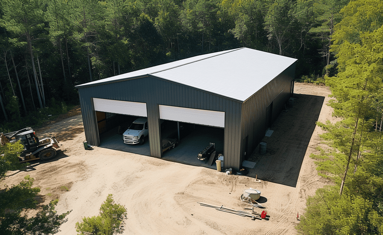 Large steel garage surrounded by dense green forest trees