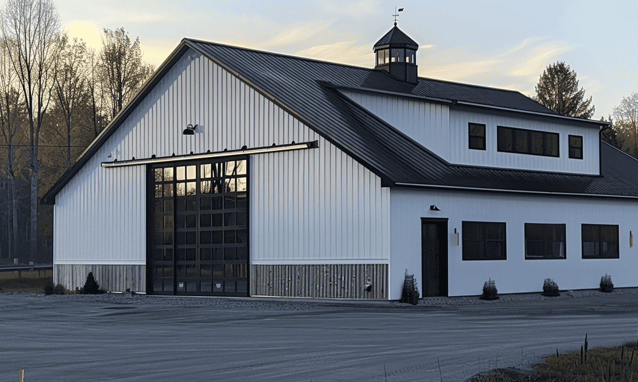 Tranquil nature scene with large, monochromatic barn for a peaceful rural ambiance.