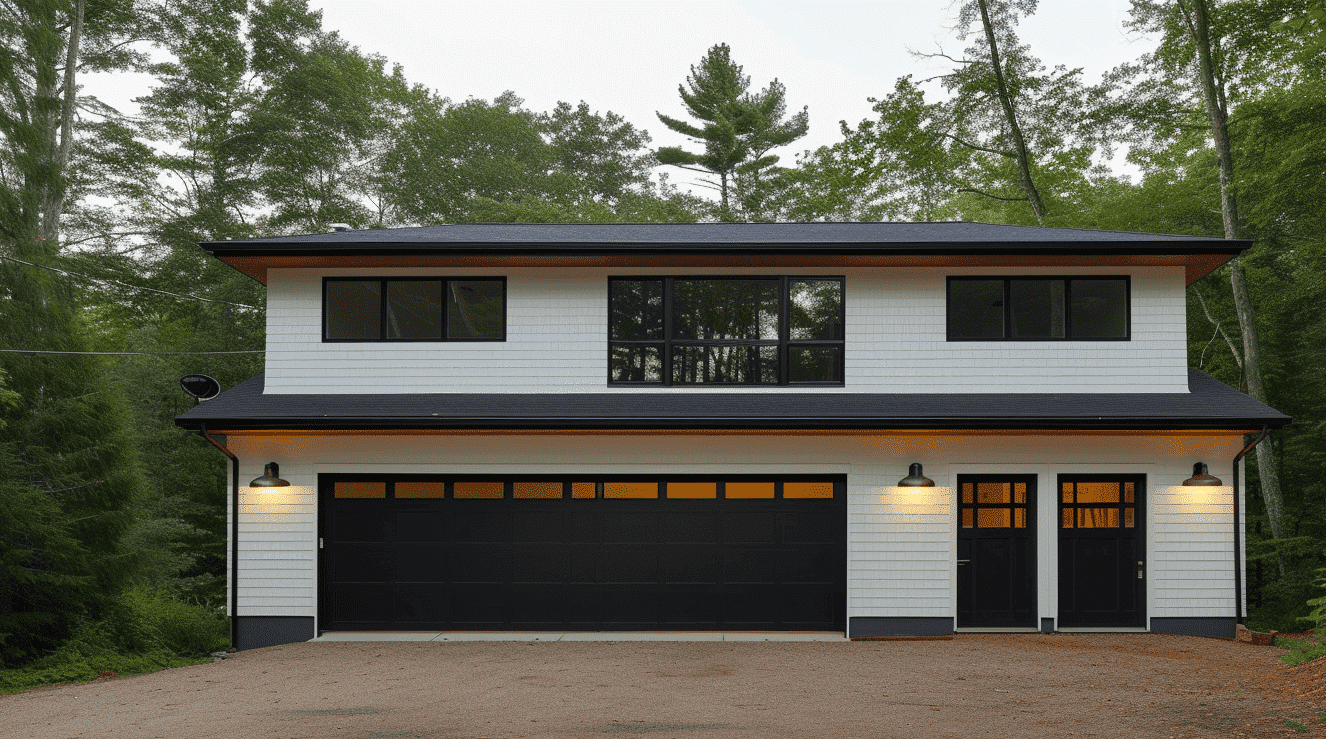 Peaceful woodland house with a large garage