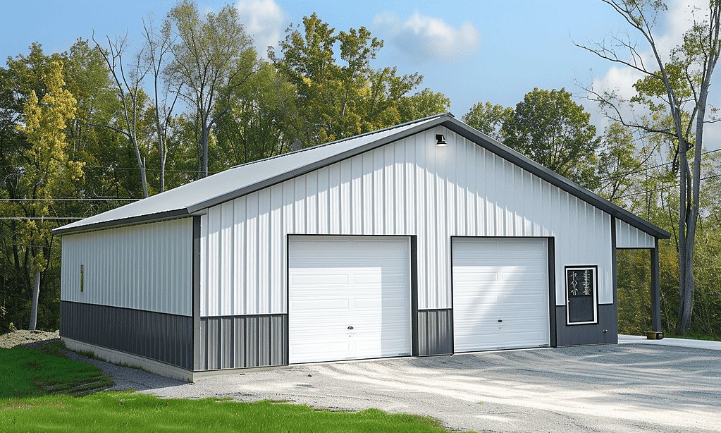 Peaceful countryside scene with a white metal garage