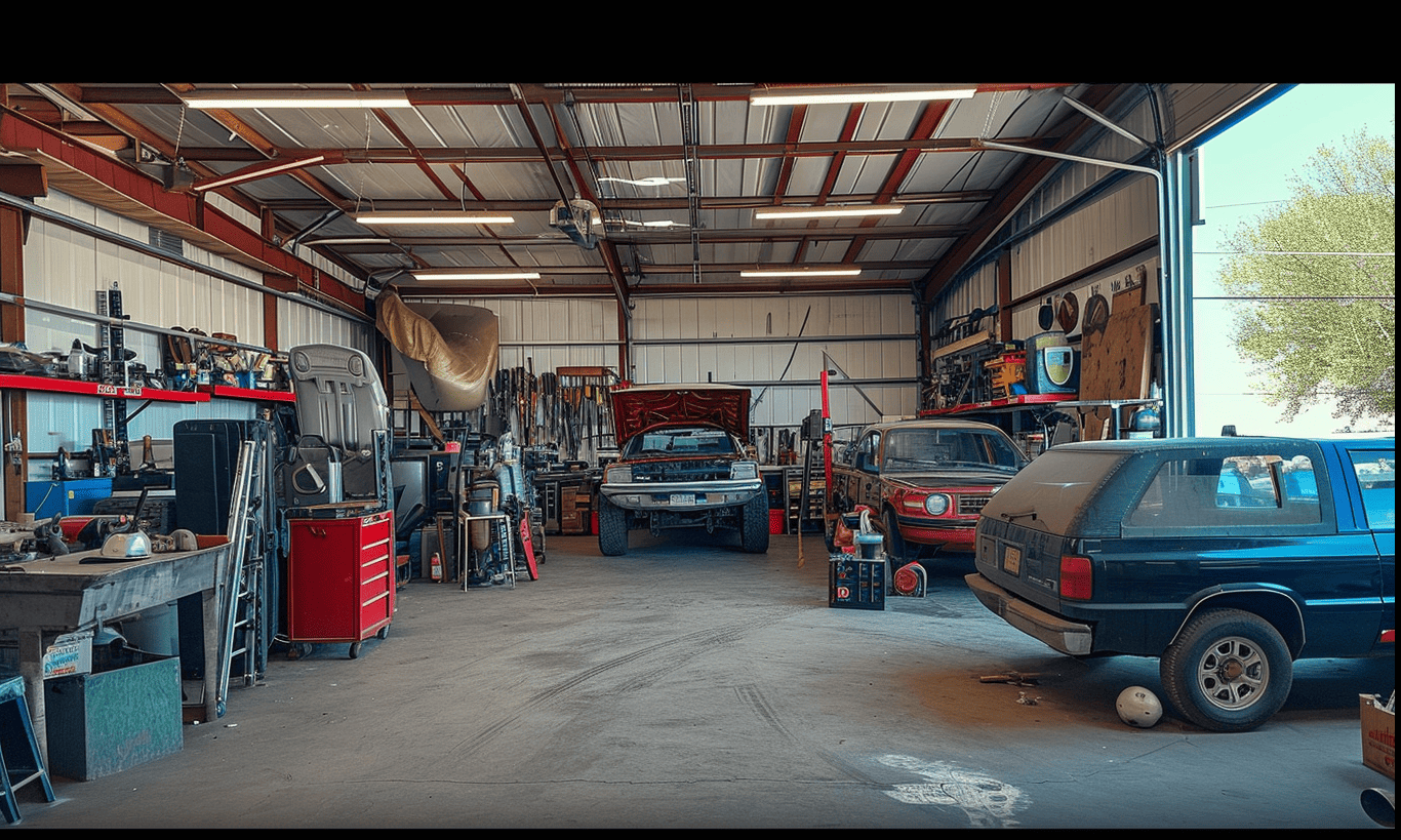 "Numerous types of vehicles and assortment of tools in a busy workshop"