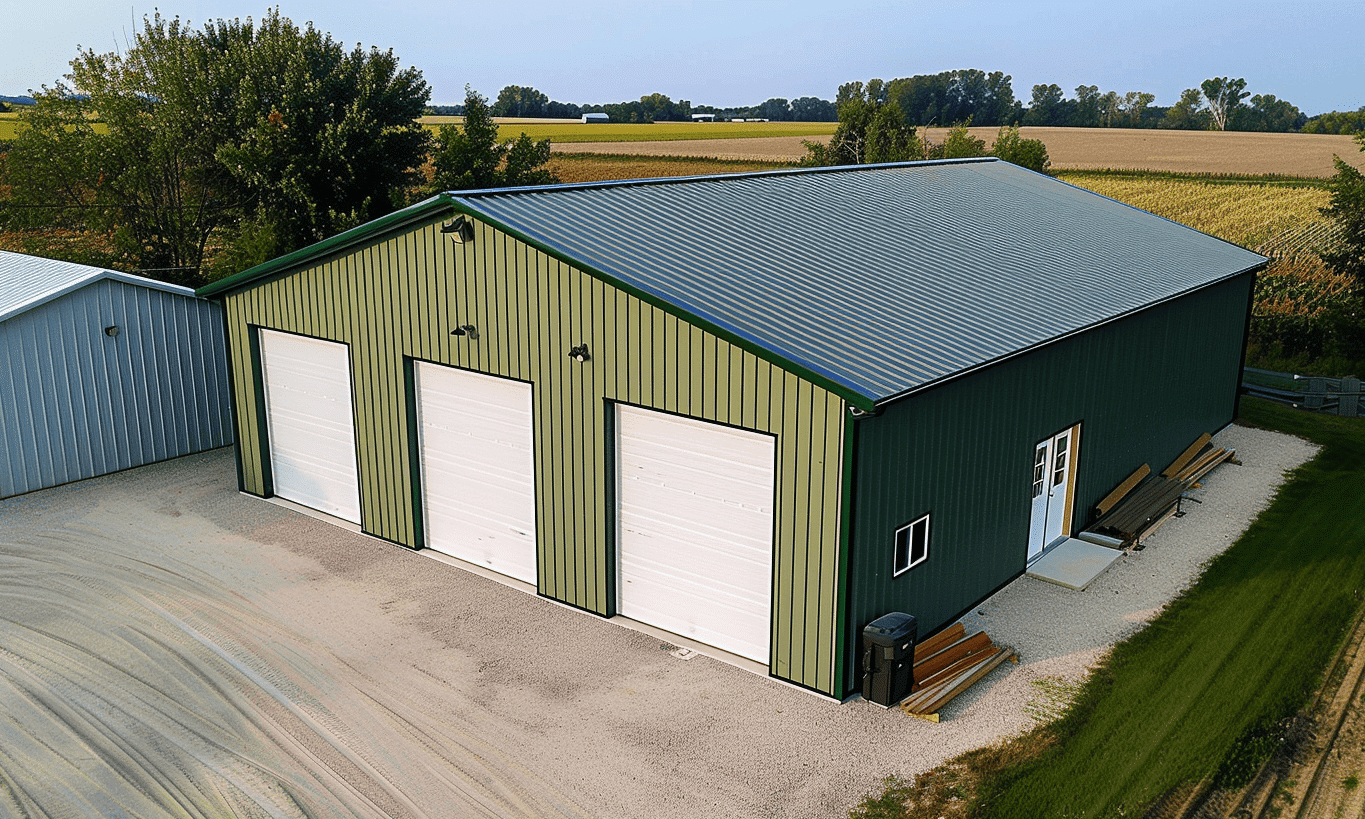 Birds-eye view image of a shining metallic two-bedroom garage with a bathroom.