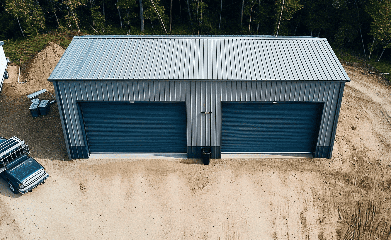 Bird's eye view of two shiny metal garage bays