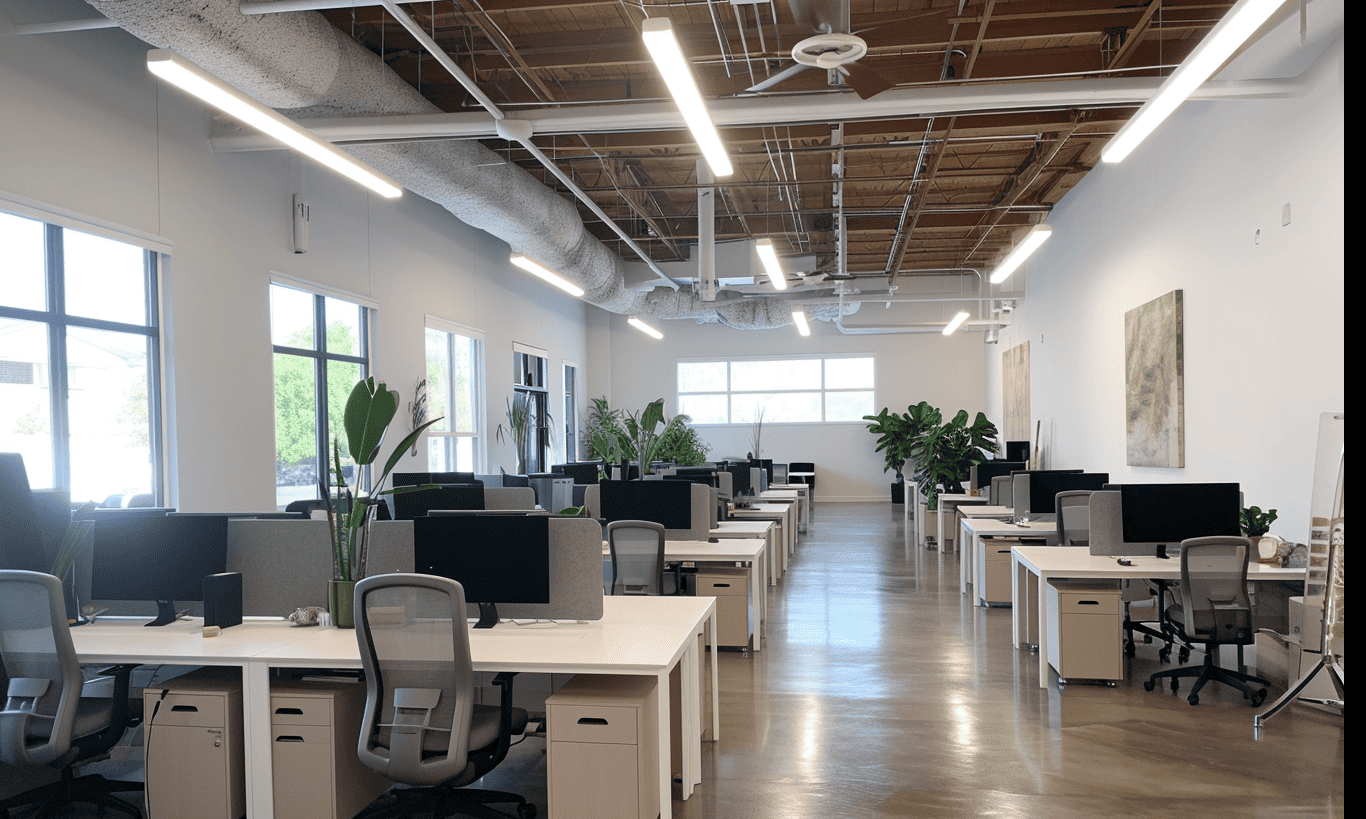 Modern office interior with desks, ergonomic chairs and ceiling fans