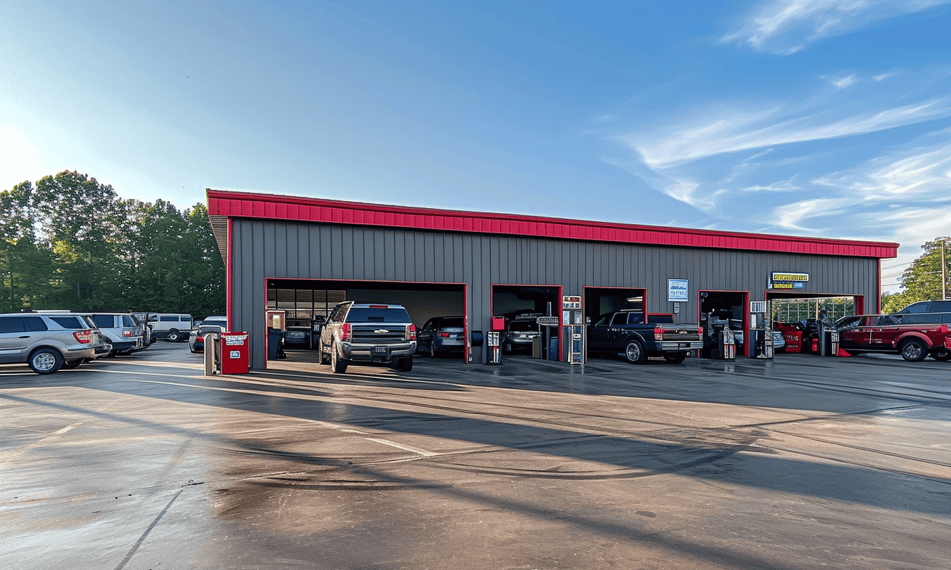 "Auto service shop nestled among multiple parked cars for maintenance and repair"