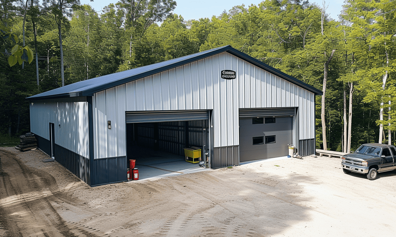 Aerial perspective of two silver, shiny garage bays in a highly organized urban setup.