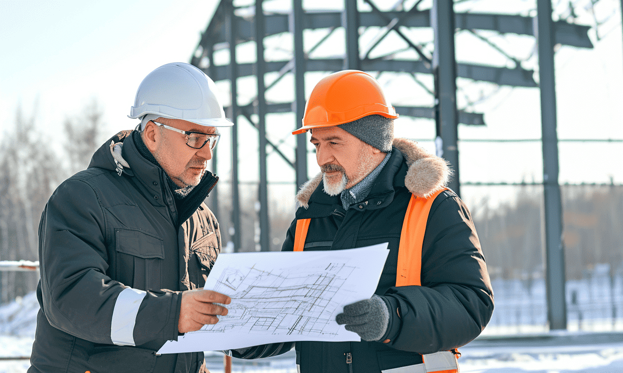 Engineer and builder discussing blueprints for a construction project.