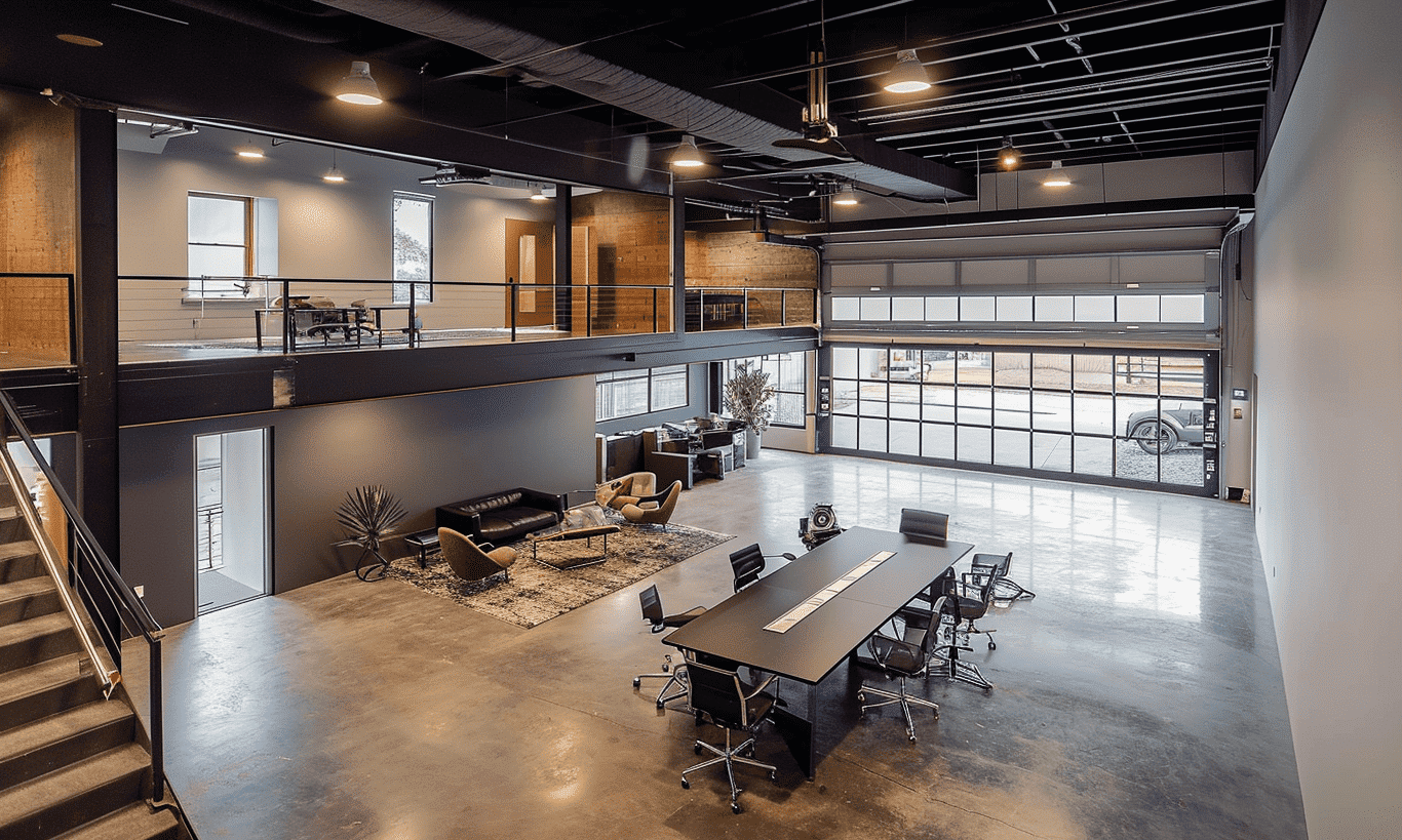 Elegant office space image displaying polished wooden doors and interior design