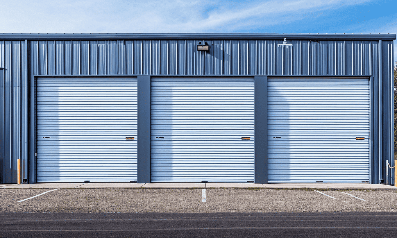 Exterior view showcasing a storage facility building featuring large sliding doors.