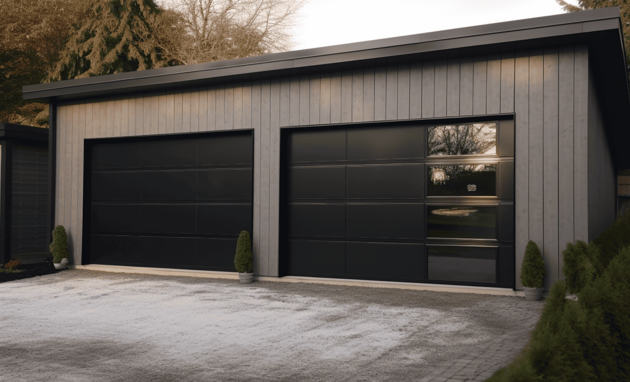 Spacious garage with two black doors and attached gravel parking lot.