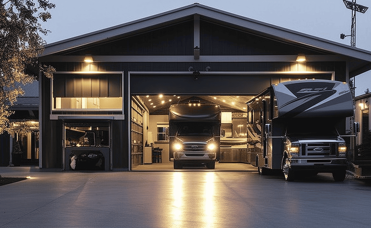 Garage view featuring a pristine vehicle and an RV parked upfront in a residential setting.