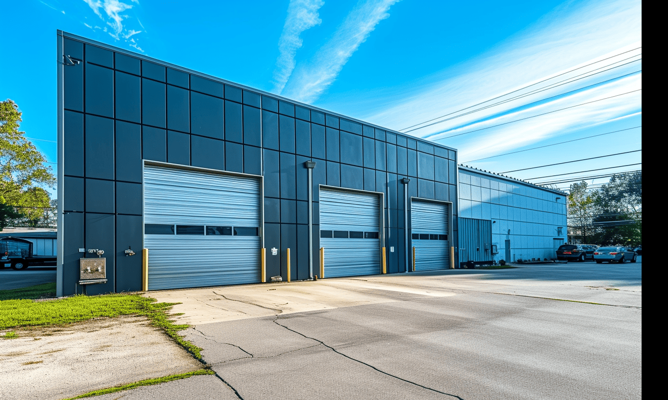 "Small garage located in front of a large commercial building"