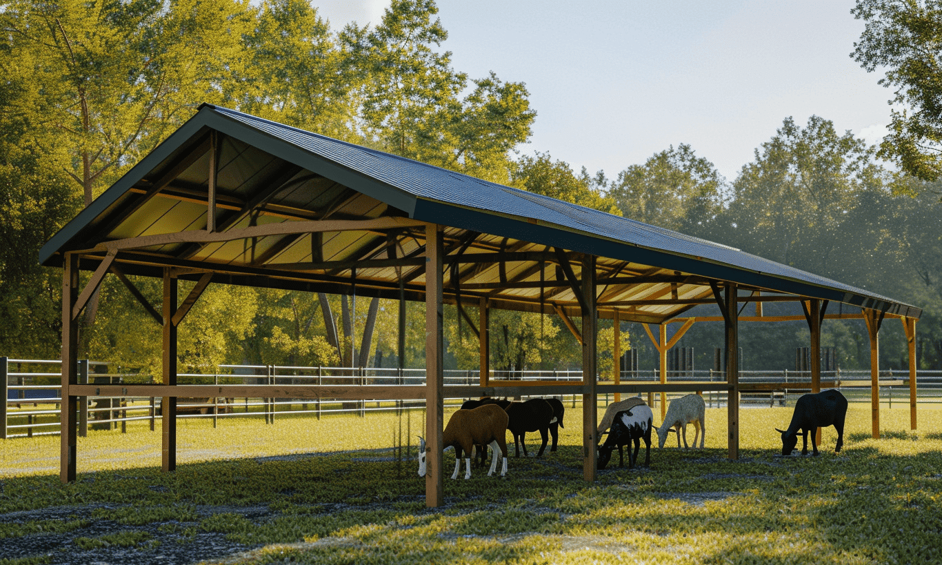 "Several goats happily grazing and playing in a covered pasture or barnyard area"