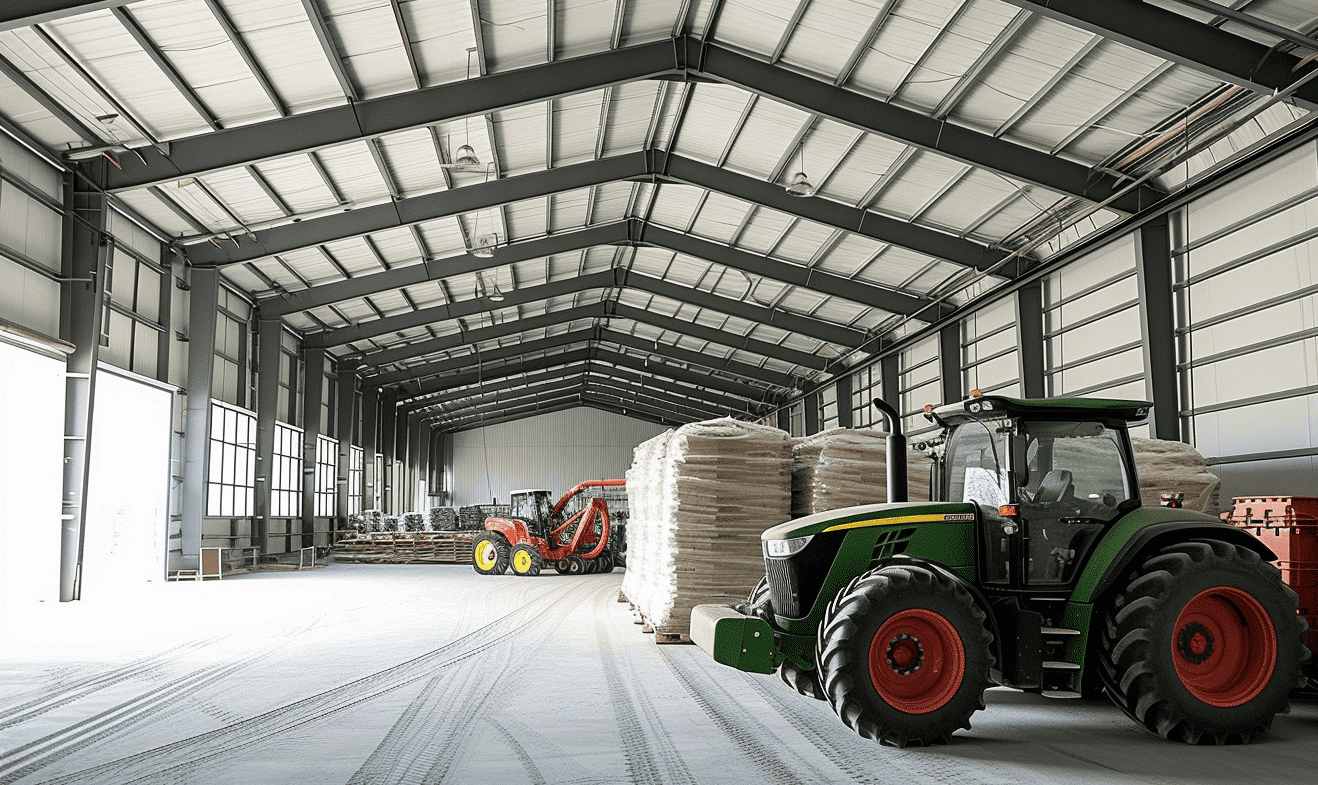 "Large indoor farm featuring a grandly illustrated tractor"