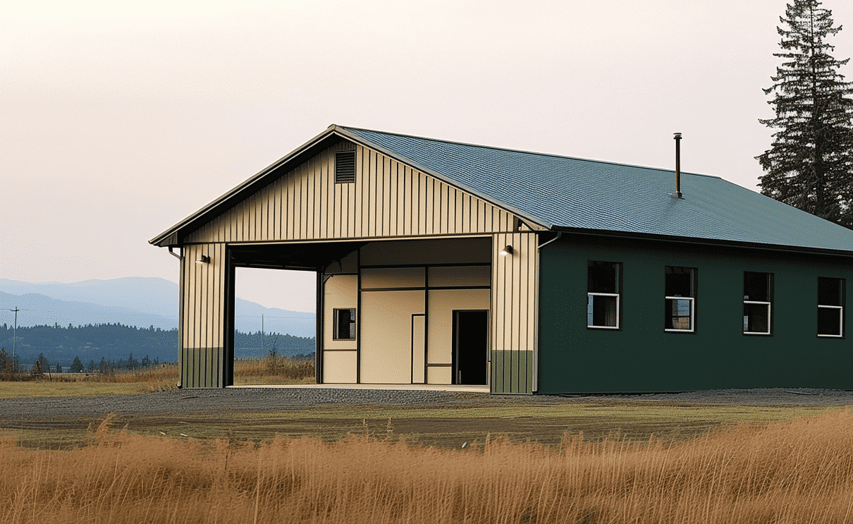 Eco-friendly green building with sustainable metal roof, peacefully set in an open field.