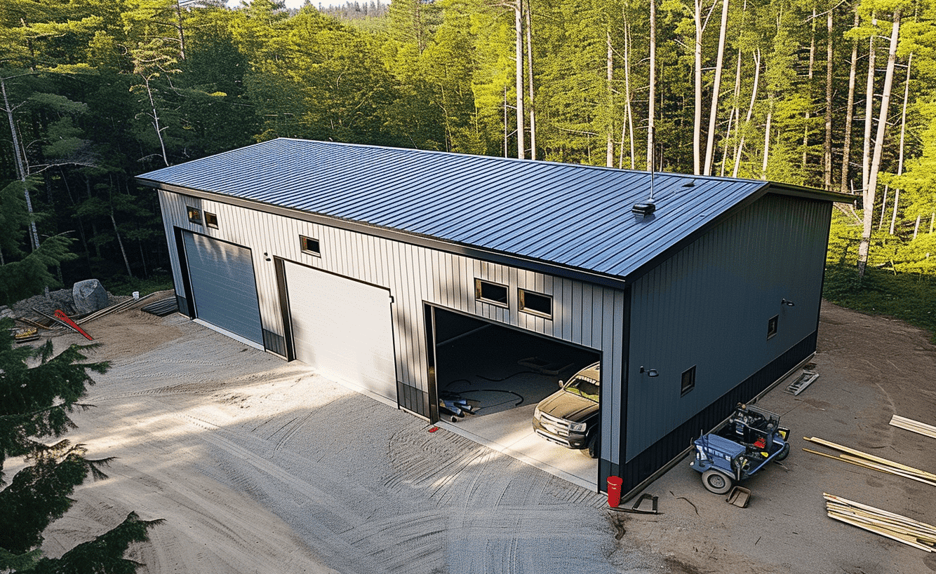 Secluded grey garage in a wooded area with an adjacent empty lot