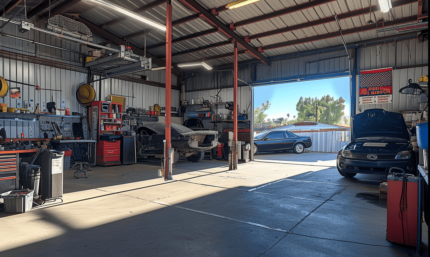 "Hilborn Auto Maintenance repair technicians working on vehicles inside a well-equipped garage"