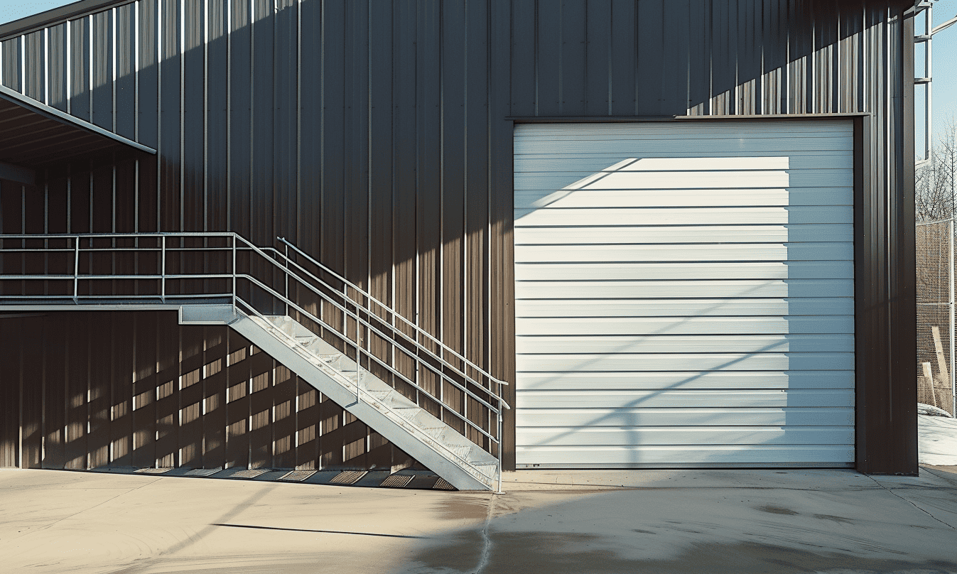 "Large steel garage boasting a sleek metallic interior and clean white siding, showing off its impressive design."