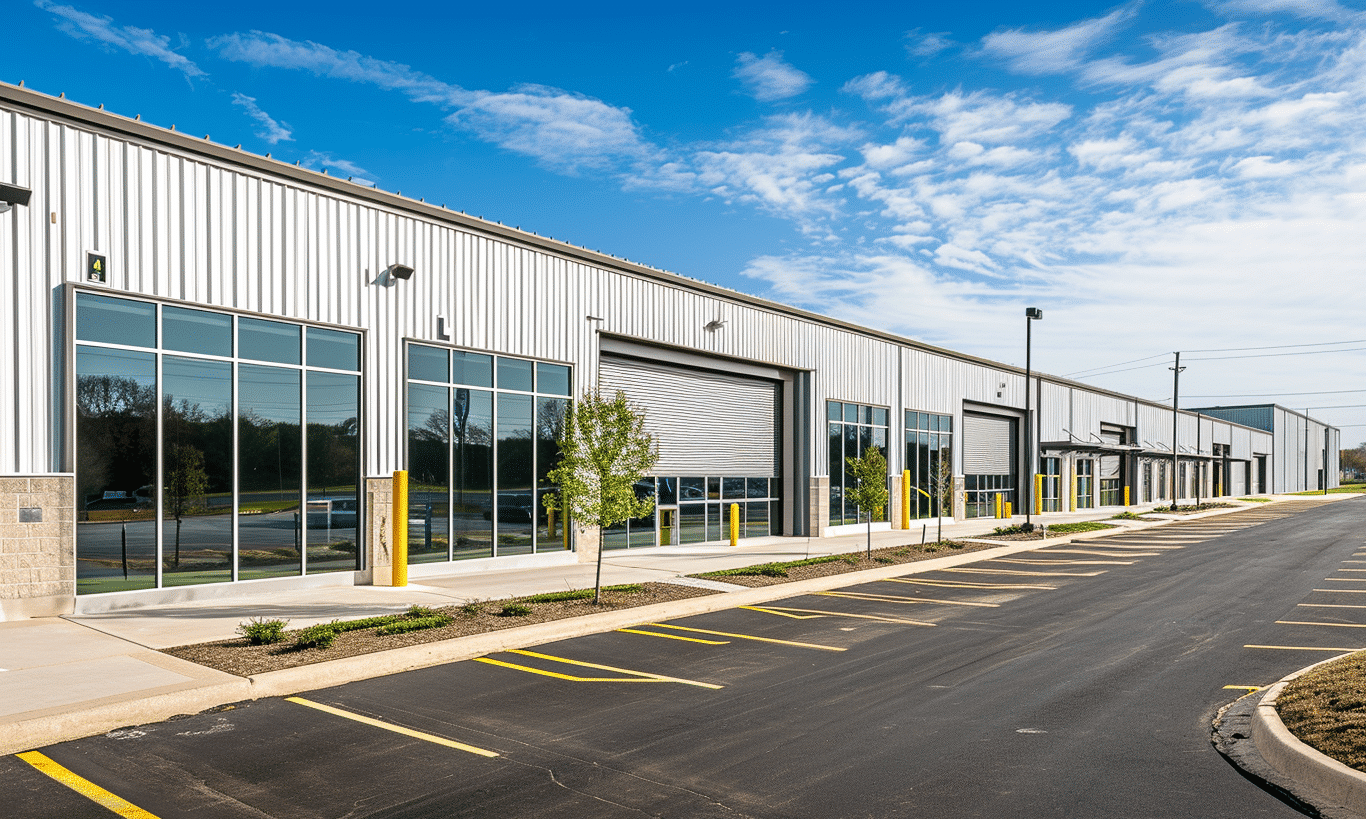 "Exterior view of Indiana Business Center and Warehouse Buildings in daylight"