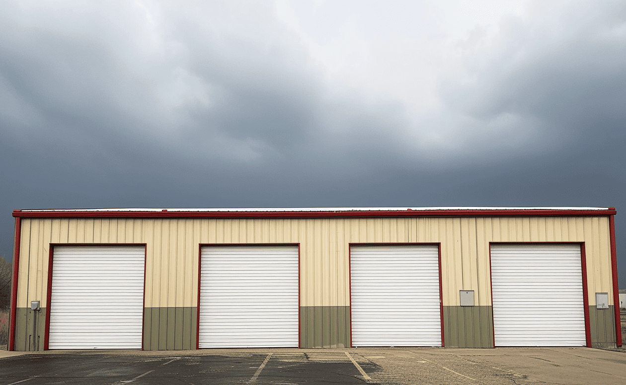 Large industrial office structure under a dark, threatening cloudy sky