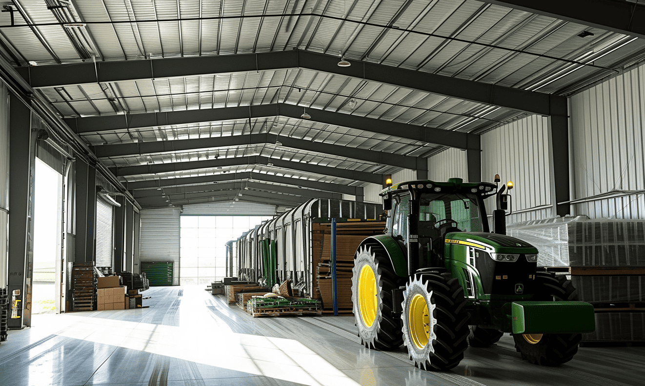 Artistic display of large farmhouse and tractor inside a building, highlighting rural life.