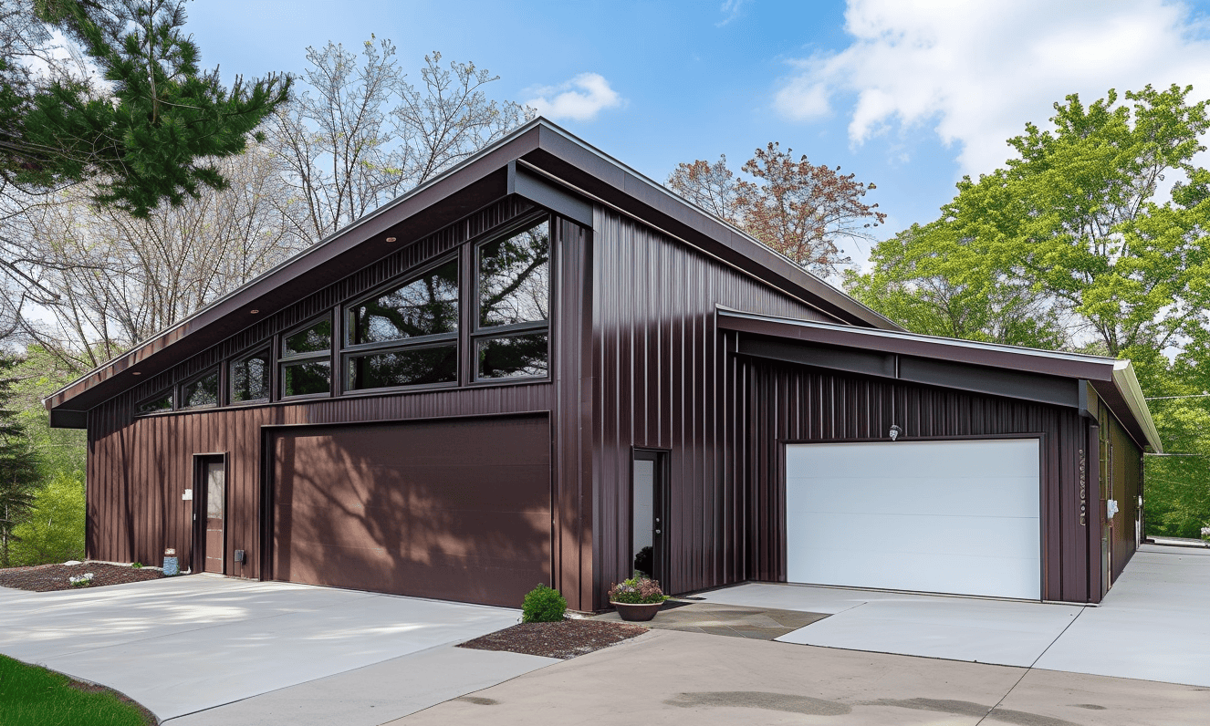 Steel building with front-facing garage and large entrance door