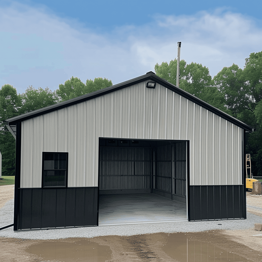 Simple minimalist small metal garage design in monochrome colors caught in daylight