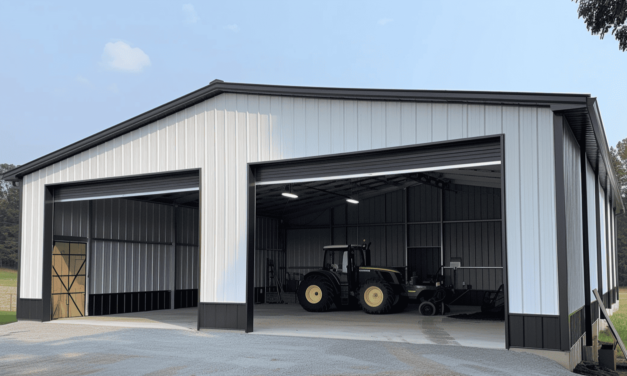 Black and white photo of old barn garages housing a vintage tractor