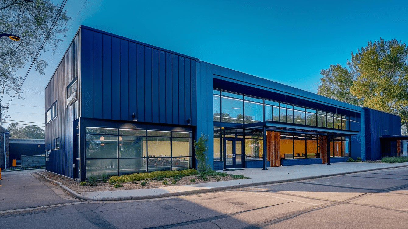 Modern warehouse office with open view of Frankfurt river in daylight.