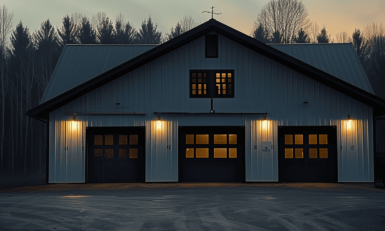 Rustic barn featuring two garage doors nestled amidst green countryside landscape.