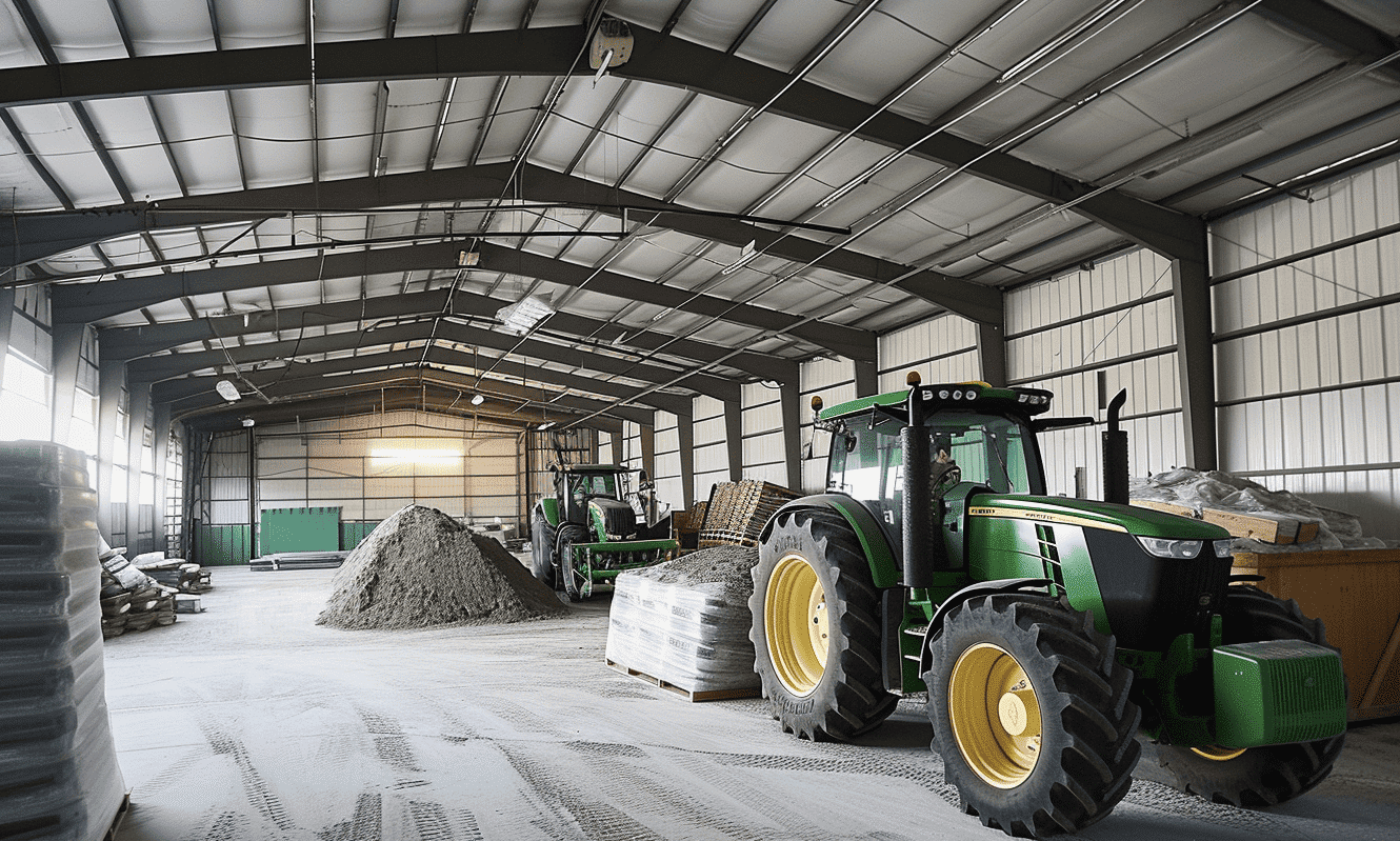 Vintage tractor and rustic farm tools displayed indoors for agricultural exhibition