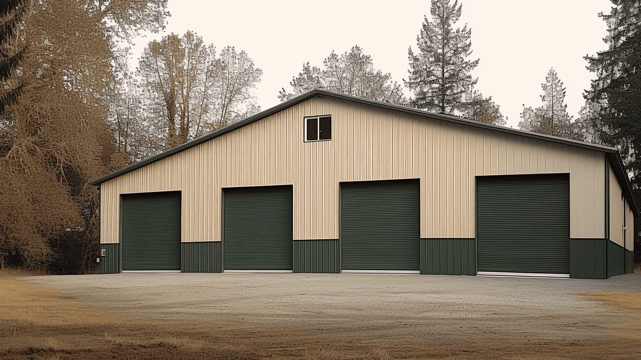 Vintage metal barn with four set of double doors in rural outdoor setting.