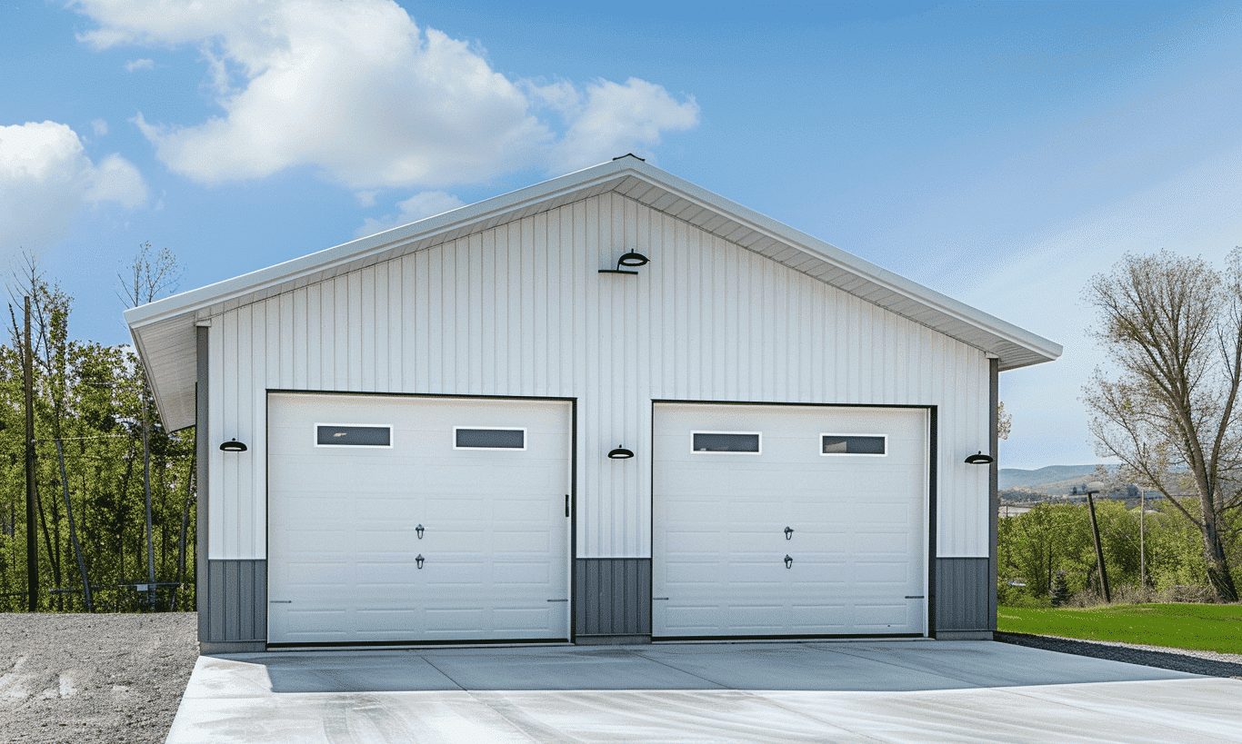 Large garage interior with twin double doors, providing ample space for storage or parking.