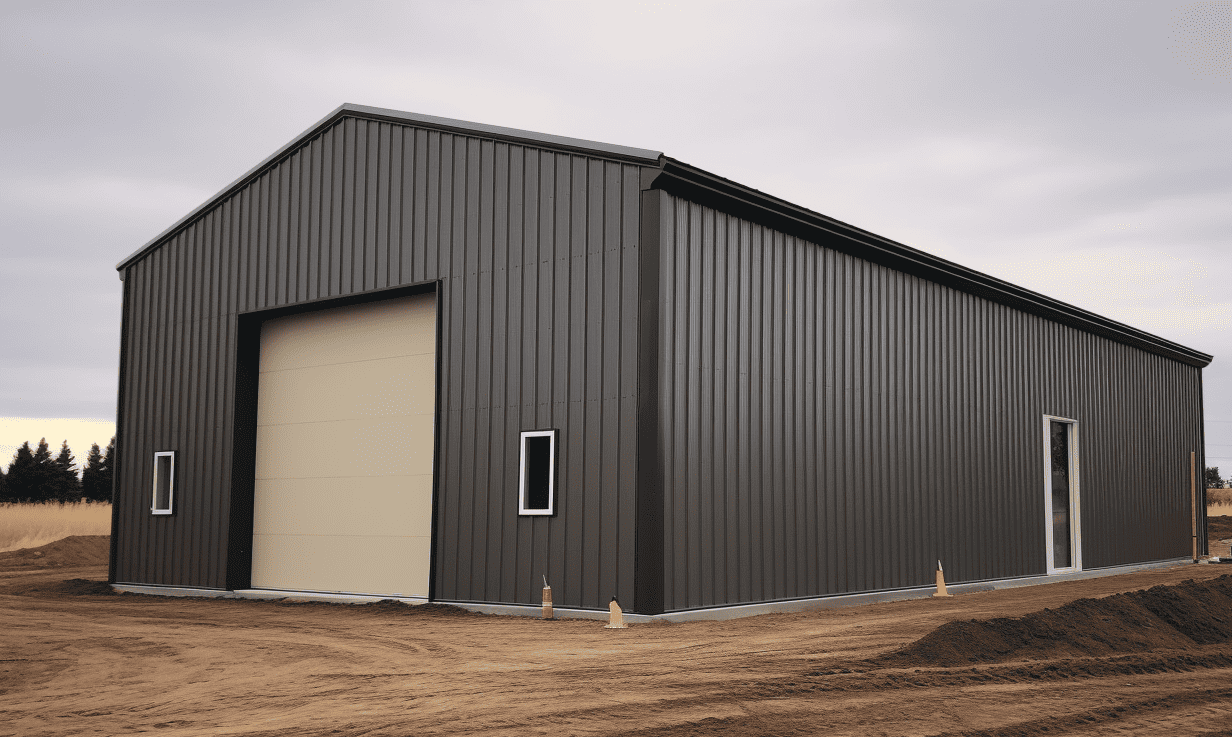 "Modern steel structure situated amid a vast landscape of grey gravel"