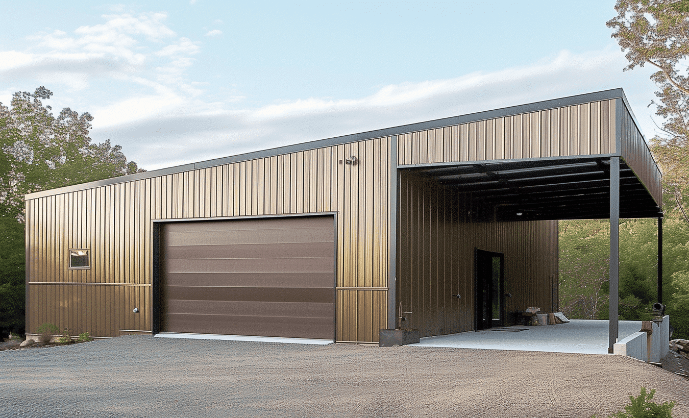 "Large steel building showcasing a prominent garage door and appealing siding, located on a busy urban street."