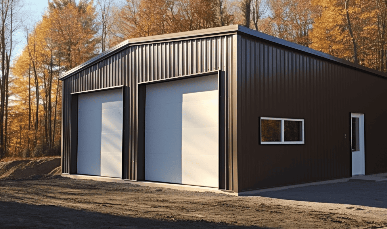 "Sturdy steel garage featuring stunning slate roof and attractive brown siding"