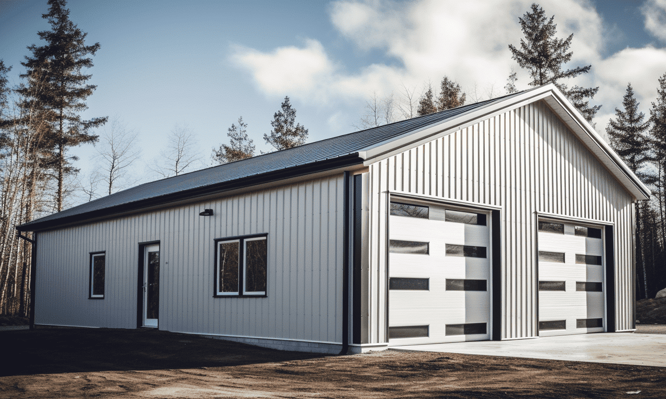 White-sided steel garage with metal detailing, perfect for secure and sturdy vehicle storage.