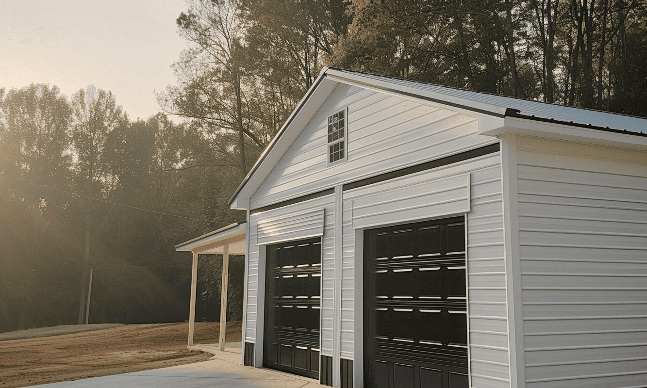 Durable steel garage featuring white siding and robust metal interiors for enhanced storage capacity.