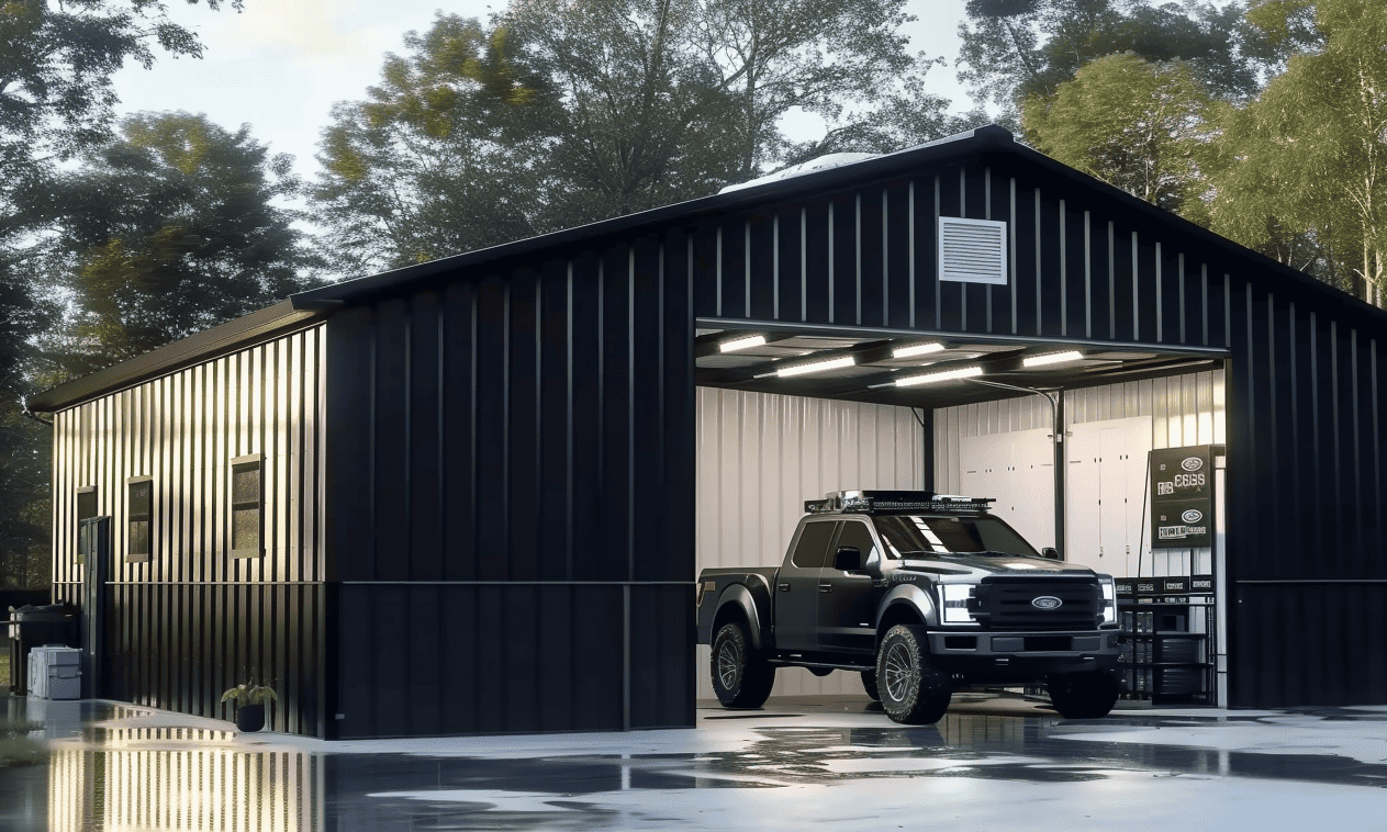 Elegant black Ford Tagarok car parked inside a modern garage