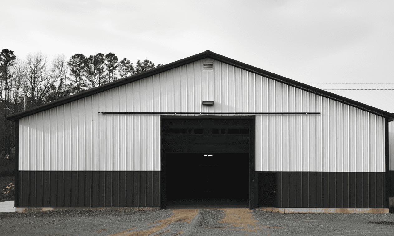 Empty barn featuring an elegant black front door, reflecting a stylish yet rustic design.