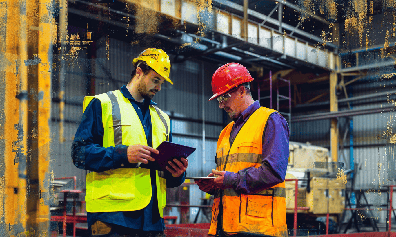 Two construction workers using a digital tablet on an industrial construction site