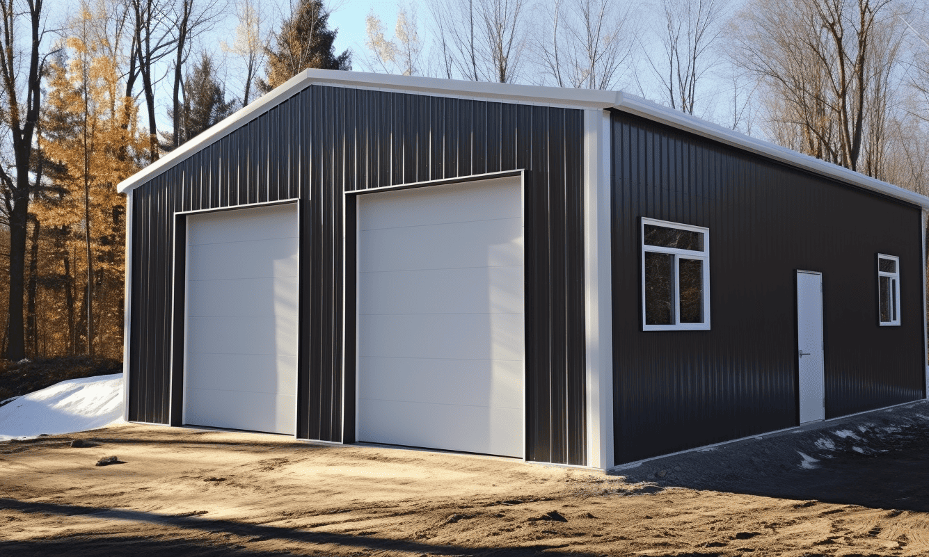 Metal cove inside a large white-sided steel garage