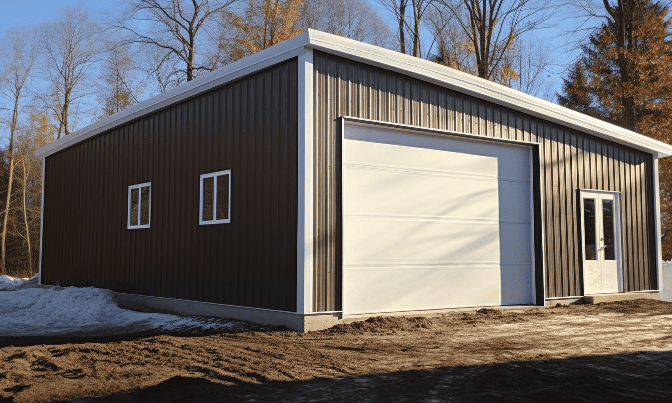 White and gray steel garage featuring metal cove siding for efficient durability and modern design.