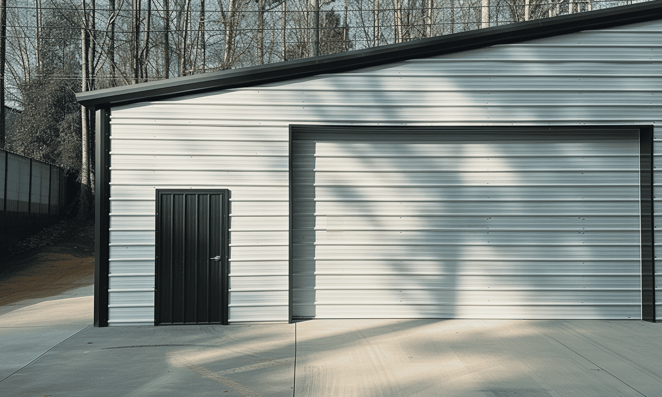 White steel garage with metal interior and sleek siding, perfect for secure vehicle storage