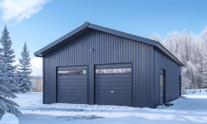 Gable roofed garage in Alberta with metal walls on a sunny day showing sturdy construction and modern design