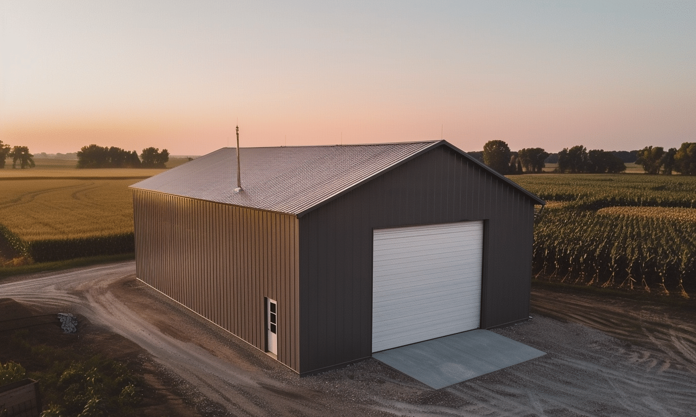 Aerial view of a large red Alberta barn with a prominent white garage door, set against a rustic rural landscape.